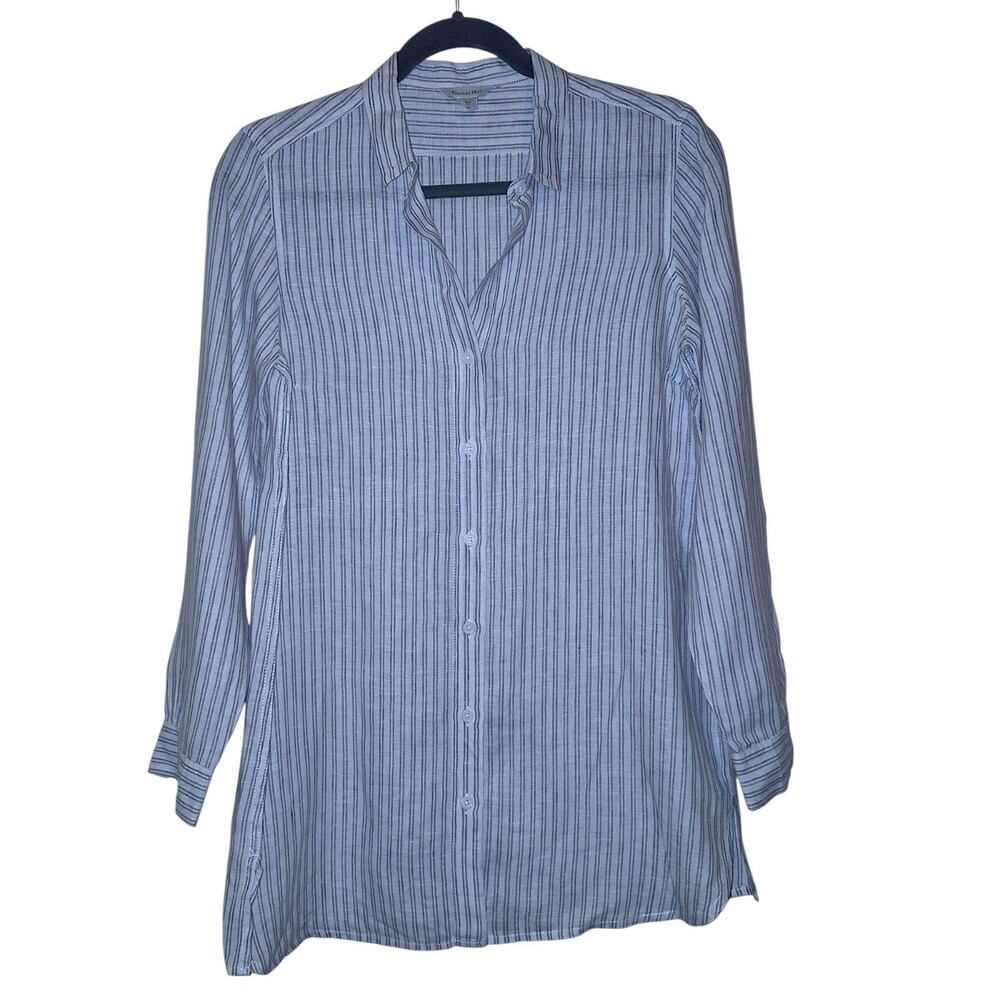 Garnet Hill white dark blue striped 100% Linen button front shirt ladies PP